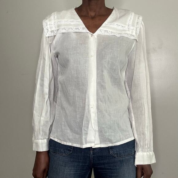 VINTAGE | La Chine Classic by Galinda Wang White Linen Sailor Blouse Size 16 - Picture 1 of 7